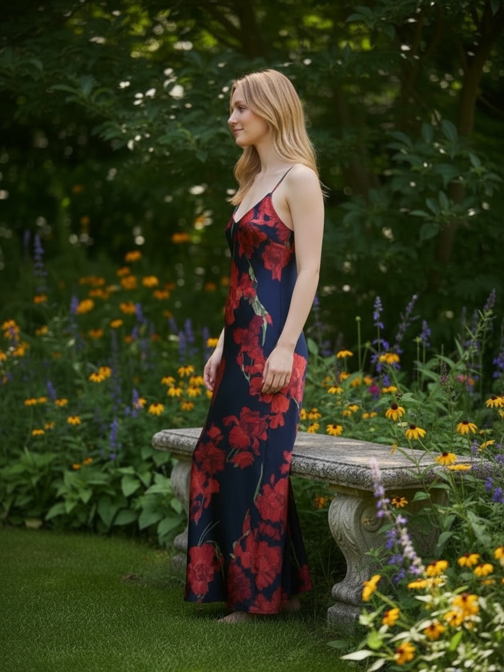 CAMEO Navy Maxi Slip Dress with Red Floral Motif